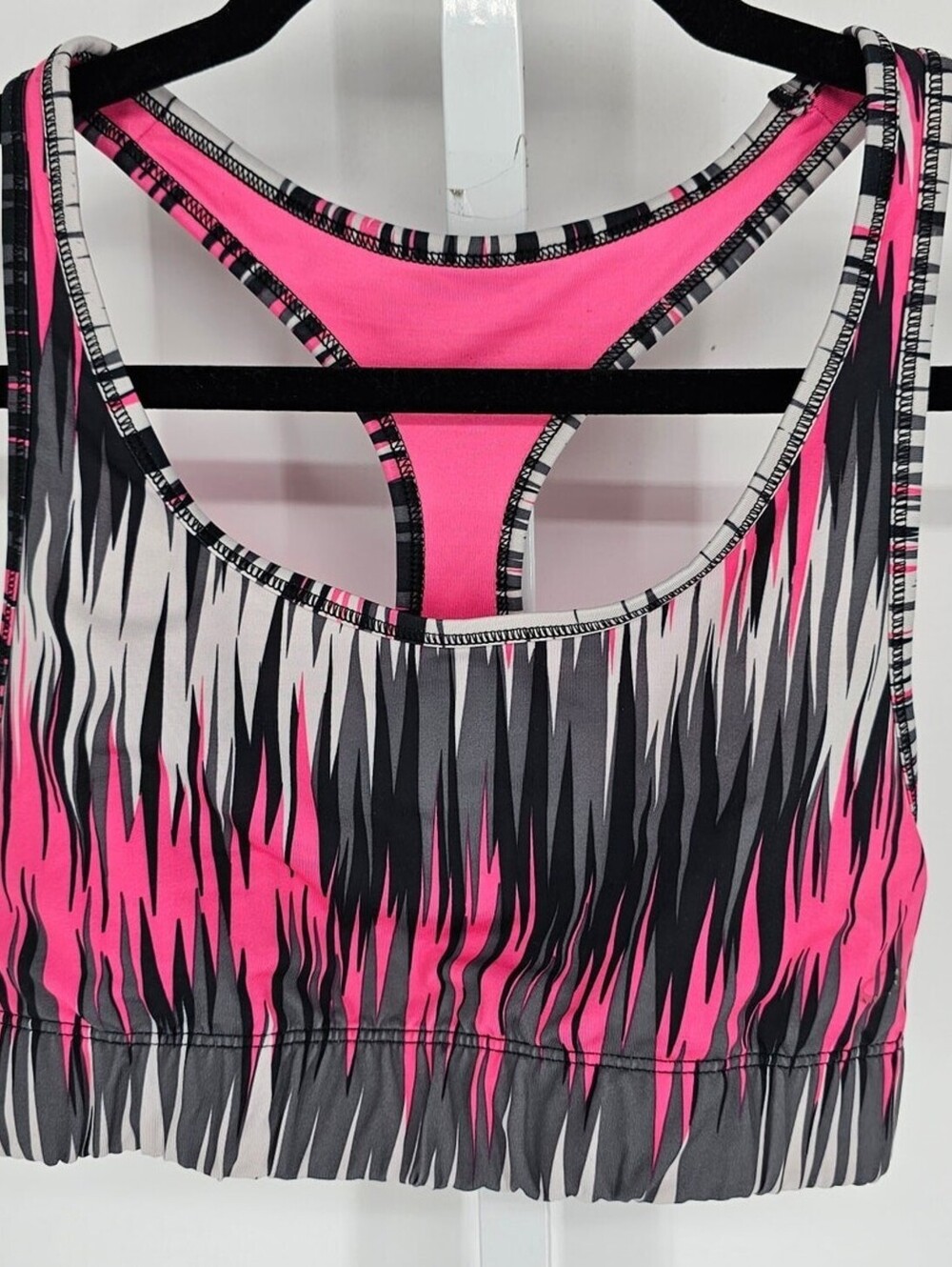 Womens Sz M Racerback Sports Bra Pink Gray Sharkbite Print
